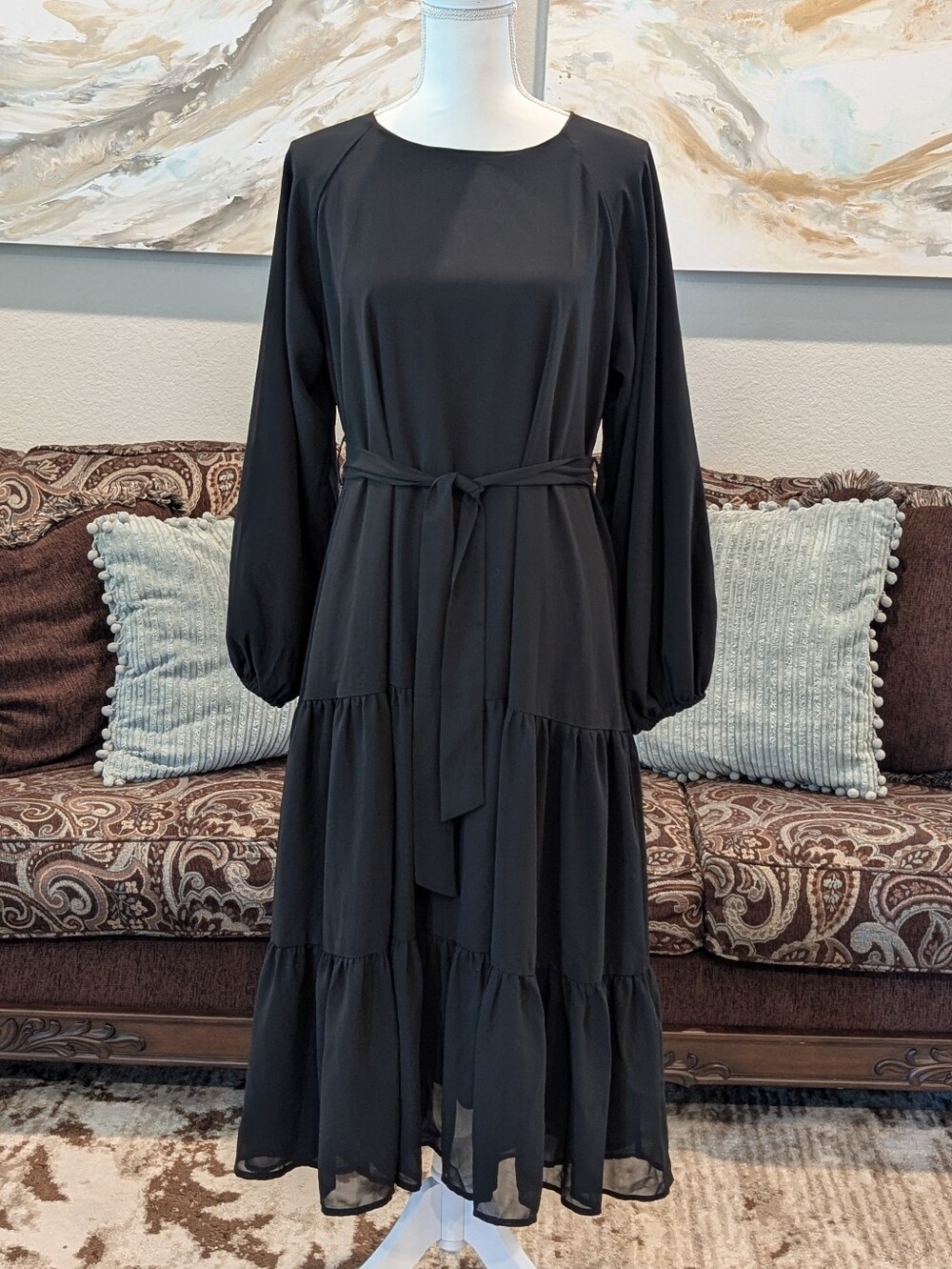 Black Long Sleeve Tiered Dress with Tie Belt